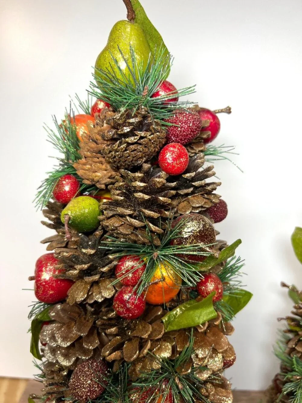 Holiday Centerpiece Pinecone & Faux Fruit Tree Glitter Accents Set Of 2 17.5'' T